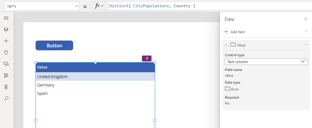 Salida de la Distinct función que se muestra en la tabla de datos.