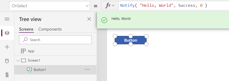 En el entorno de creación, en el que se muestra la llamada Notify a Button.OnSelect y se muestra el mensaje Hello, World resultante como mensaje de banner verde para el usuario.