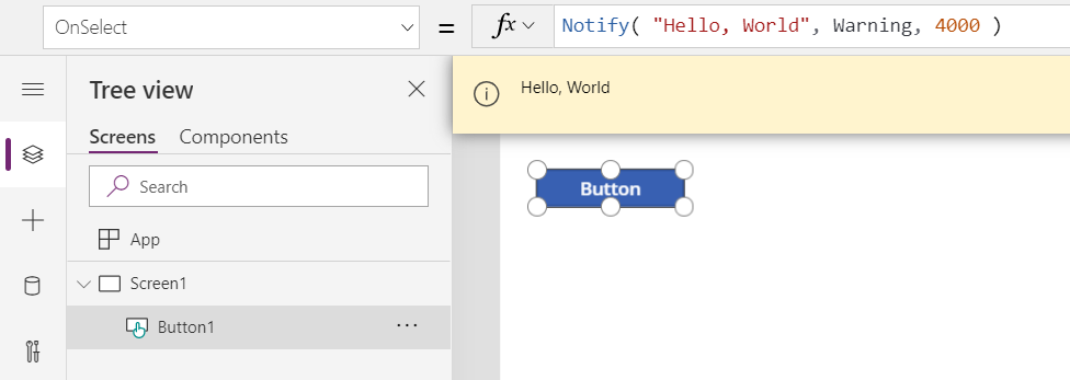 En el entorno de creación, en el que se muestra la llamada Notify a Button.OnSelect y se muestra el mensaje Hello, World resultante como mensaje de banner naranja para el usuario.