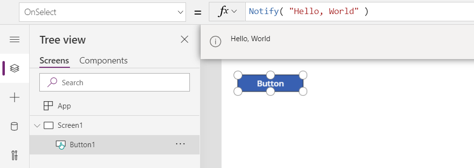 En el entorno de creación, en el que se muestra la llamada Notify a Button.OnSelect y se muestra el mensaje Hello, World resultante como mensaje de banner azul para el usuario.