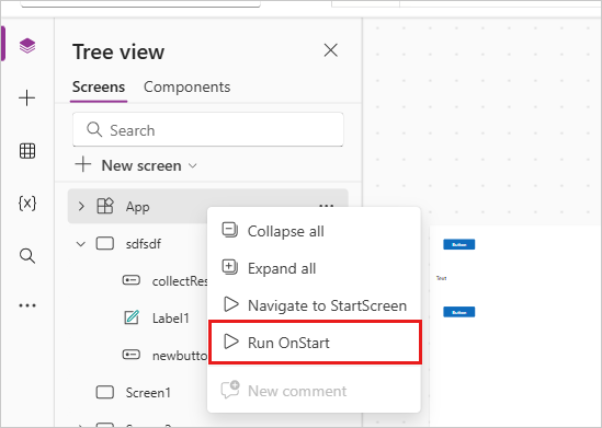 Menú contextual de elemento App para Ejecutar OnStart