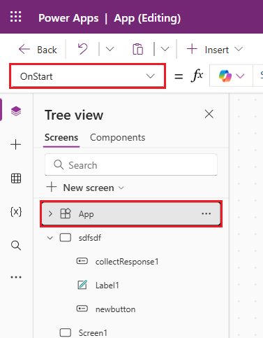 Captura de pantalla del objeto App seleccionado en el panel Vista de árbol. El panel de propiedades está visible.
