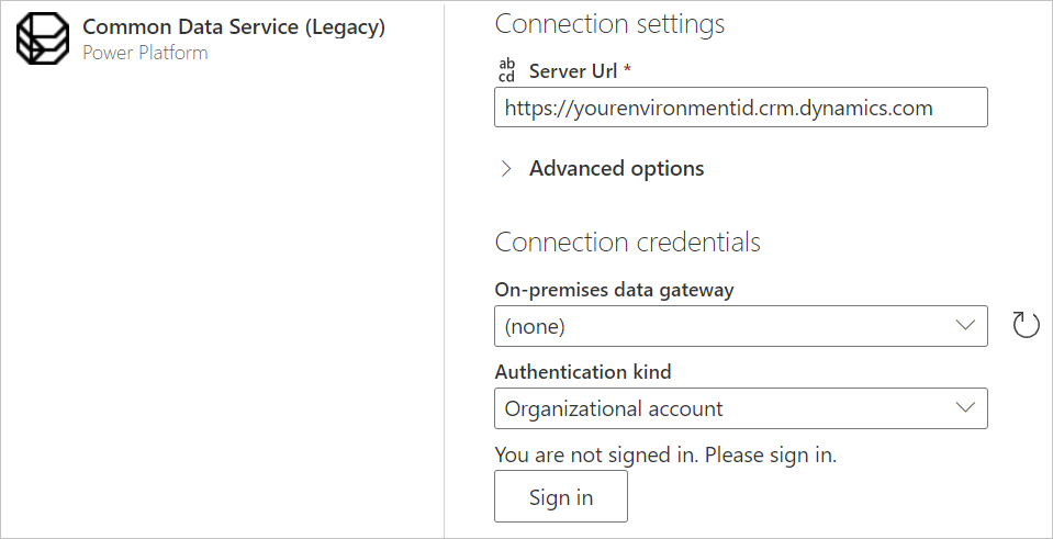 Captura de pantalla de la página de configuración de conexión del servicio de datos común, en la que se muestra una dirección URL de servidor de ejemplo.