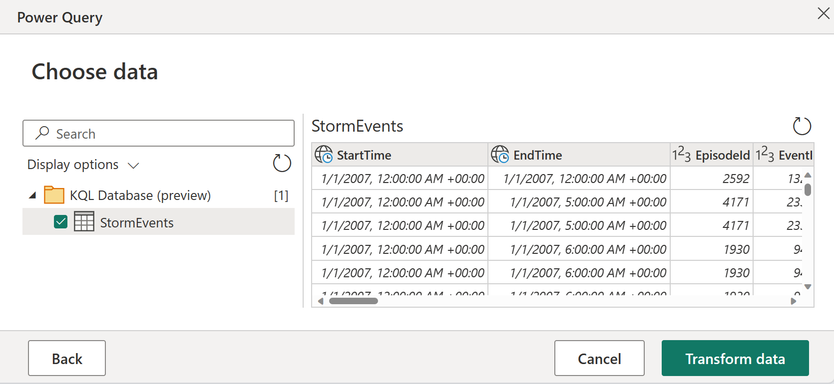 Captura de pantalla de la página elegir datos, con eventos de tormenta seleccionados.