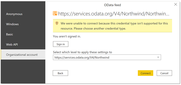 Captura de pantalla del error al conectarse a un punto de conexión que no admite OAuth con el conector web.
