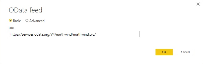 Captura de pantalla del cuadro de diálogo de conexión a la fuente de OData con la dirección URL de ejemplo de OData ingresada.