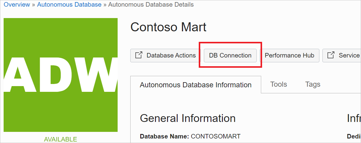 Captura de pantalla de la página Resultados de la base de datos autónoma con la opción Conexión de base de datos resaltada.