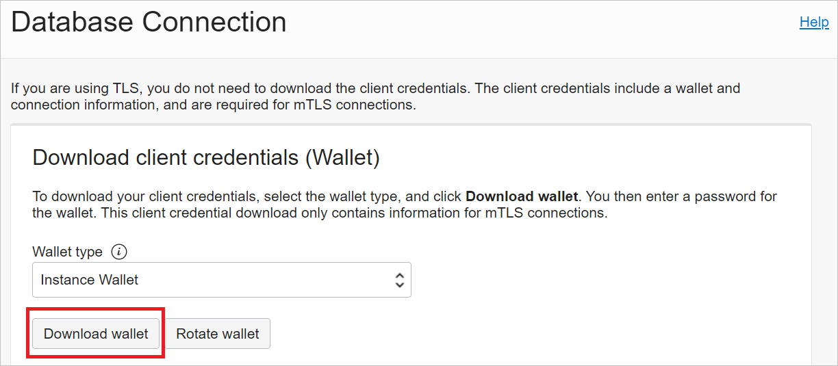 Captura de pantalla de la página de Conexión de base de datos con la opción Descargar wallet resaltada.