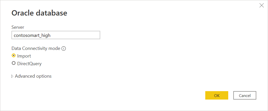 Captura de pantalla del cuadro de diálogo de base de datos de Oracle con contosomart_high como el nombre del servidor y el modo de importación seleccionados.