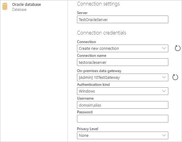 Captura de pantalla de la ventana de base de datos de Oracle en la que se escribe la información de conexión en línea de la base de datos de Oracle.