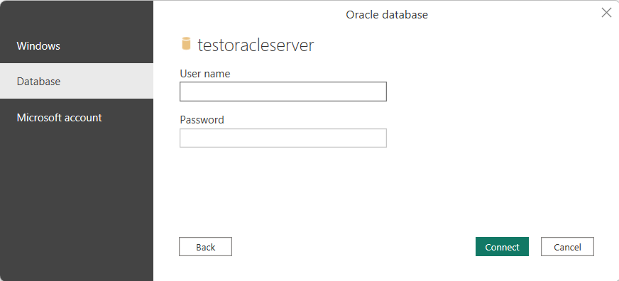 Captura de pantalla del cuadro de diálogo de autenticación en el que se escriben las credenciales de la base de datos de Oracle.