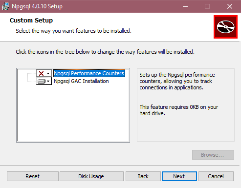 Captura de pantalla del instalador de Npgsql con la instalación de GAC seleccionada.