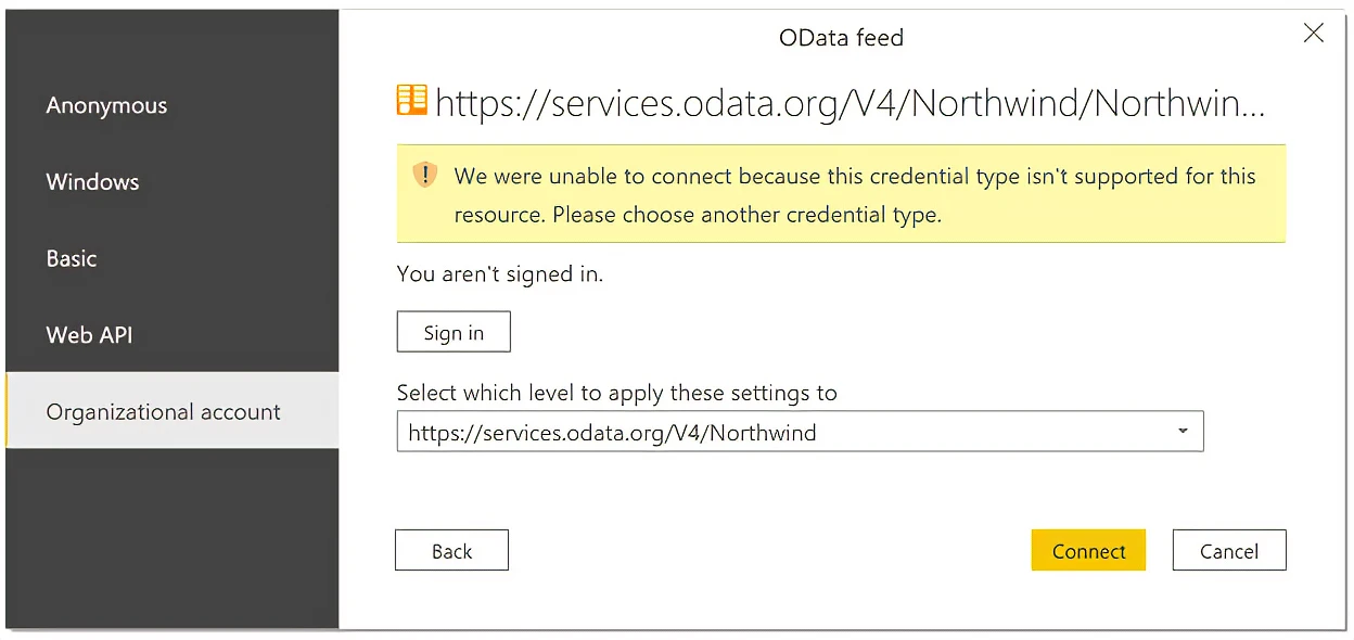 Captura de pantalla del cuadro de diálogo de autenticación que muestra un error al conectarse a un punto de conexión que no admite OAuth con el conector web.