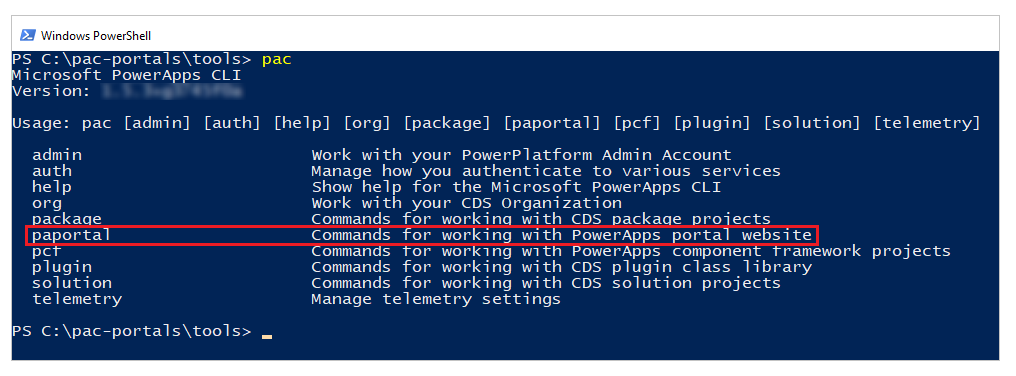 Confirmar el comando paportal en Microsoft Power Platform CLI Confirmar el comando paportal en Microsoft Power Platform CLI.