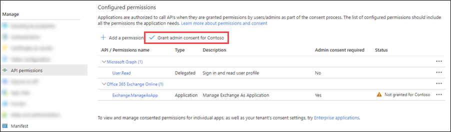 Administración consentimiento necesario pero no concedido para los permisos Exchange.ManageAsApp.