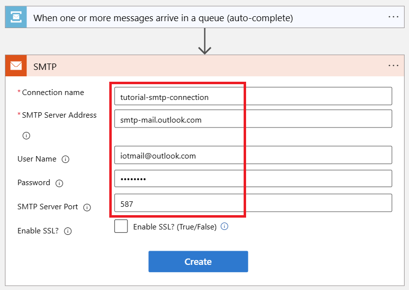 Captura de pantalla que muestra la configuración de la conexión SMTP en el diseñador de aplicaciones lógicas.