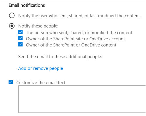 Captura de pantalla de las opciones de notificación por correo electrónico en la configuración de la directiva DLP.
