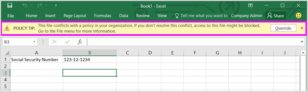 Captura de pantalla de la barra de mensajes que muestra una sugerencia de directiva en Excel 2016.