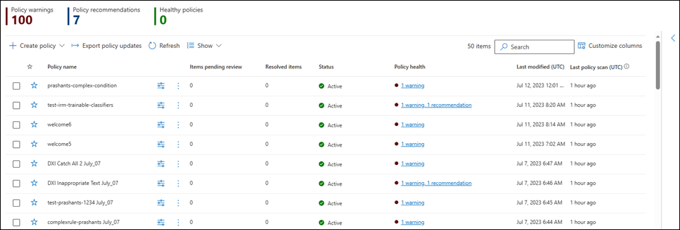 Captura de pantalla de la página Directivas de cumplimiento de comunicaciones en la que se muestran advertencias de directivas, recomendaciones y directivas en buen estado.