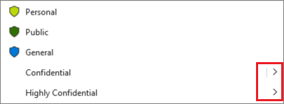 Captura de pantalla que muestra que la etiqueta primaria Confidencial está configurada para una subetiqueta predeterminada.