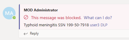Captura de pantalla de la notificación de mensajes bloqueados en Teams.