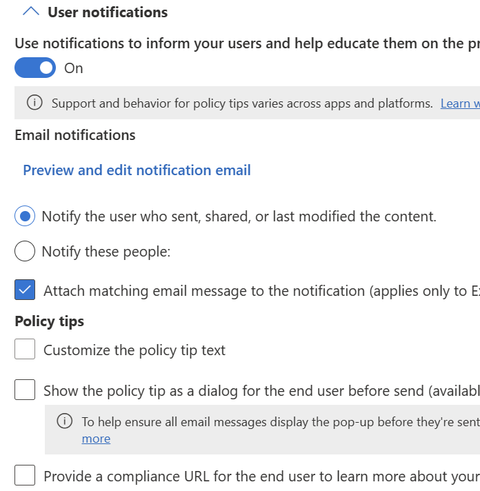 Captura de pantalla de las opciones de configuración de sugerencias de directiva y notificación de usuario disponibles para Exchange, SharePoint, OneDrive, Chat y canal de Teams y Defender for Cloud Apps.