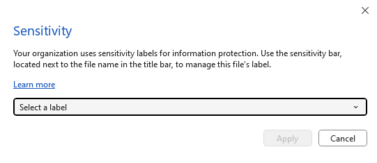 Captura de pantalla que muestra que en las aplicaciones de Office más recientes, las opciones de IRM ya no están disponibles y los usuarios deben seleccionar una etiqueta de confidencialidad en su lugar.