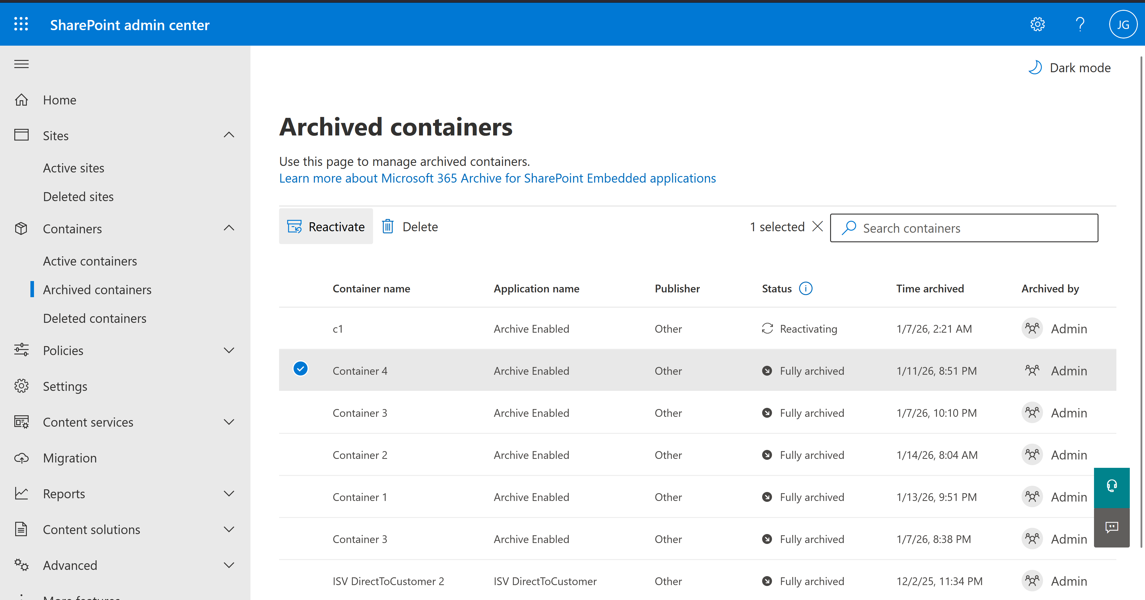 Reactivar un contenedor totalmente archivado