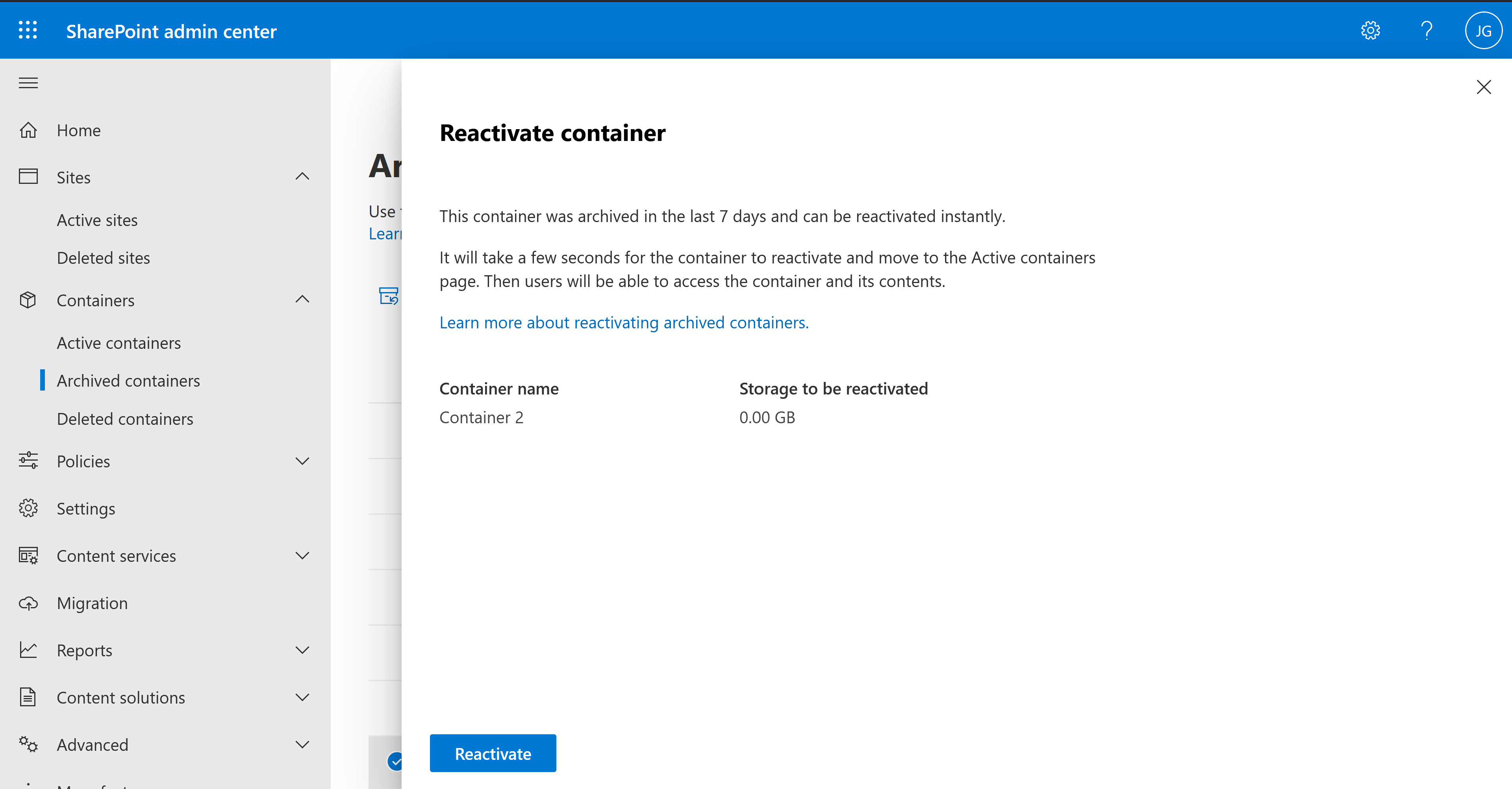 Reactivar la confirmación del contenedor archivado recientemente