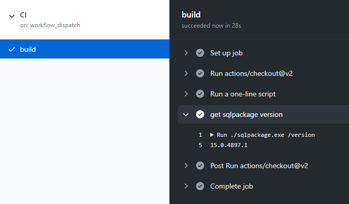 Salida de la instancia de Acciones de GitHub que muestra el número de compilación&nbsp;15.0.4897.1