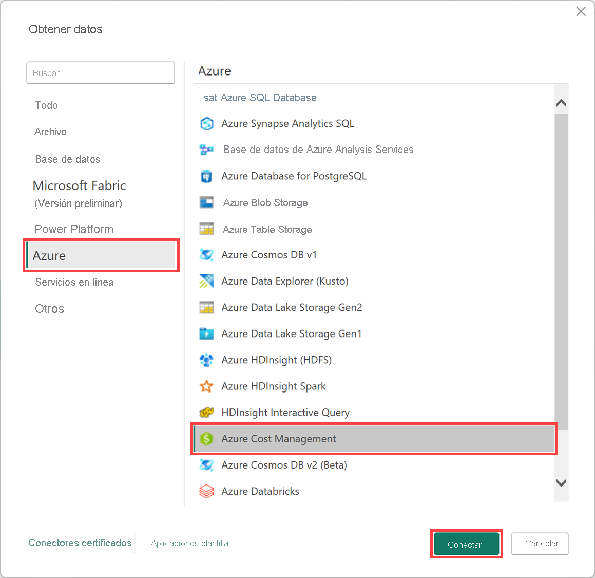 Captura de pantalla en la que se muestra la conexión a Microsoft&nbsp;Cost Management en Power&nbsp;BI Desktop.