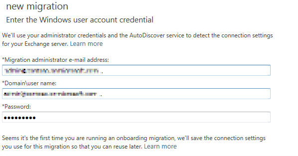 Captura de pantalla de la página Introduce las credenciales de la cuenta de usuario de Windows para la migración total.