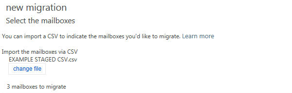 Captura de pantalla de la página Seleccionar los buzones de correo para la migración preconfigurada.