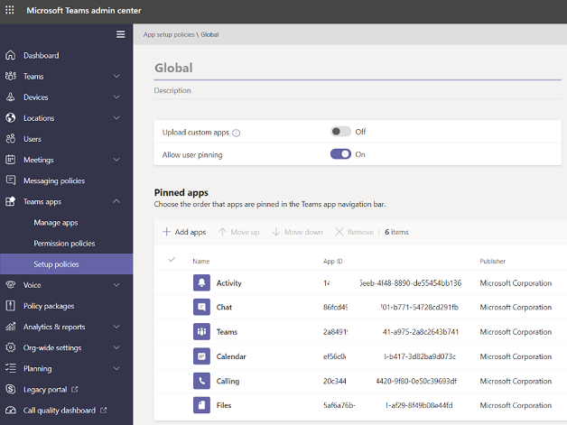 Captura de pantalla de las directivas de configuración de aplicaciones de Teams, en la que se muestra la aplicación de calendario.