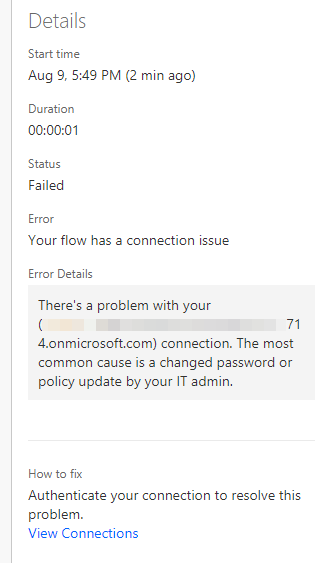 Captura de pantalla de los detalles del error, como Hora, Estado, Error, Detalles del error y cómo corregir el error.