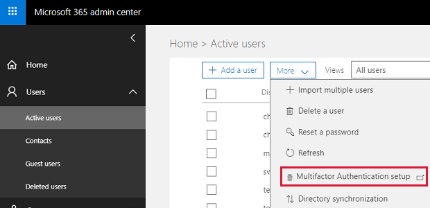 Captura de pantalla que muestra que M F A se puede configurar desde el Centro de administración de Microsoft 365.