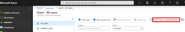 Captura de pantalla de los pasos para abrir el panel de configuración de M F A desde Azure Portal.