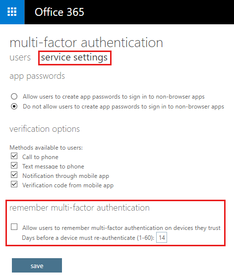 Captura de pantalla de la opción de recordar detalles de la autenticación multifactor.