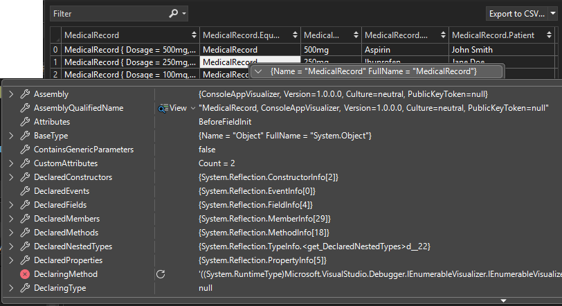 Captura de pantalla que muestra un DataTip al pasar sobre una celda en el visualizador IEnumerable.