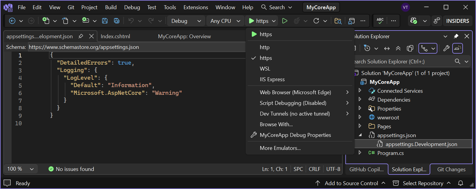 Captura de pantalla que muestra el botón https resaltado en la barra de herramientas de Visual Studio.