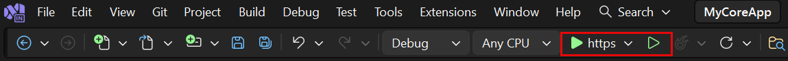 Captura de pantalla que muestra el botón https resaltado en la barra de herramientas de Visual Studio.