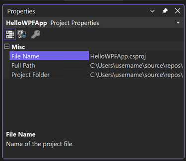Captura de pantalla de la ventana Propiedades que muestra la sección Varios de las propiedades de la solución correspondientes al proyecto HelloWPFApp.