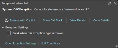 Captura de pantalla de la ventana Salida que muestra una excepción System.IO.IOException con el mensaje No se encuentra el recurso mainwindow.xaml.