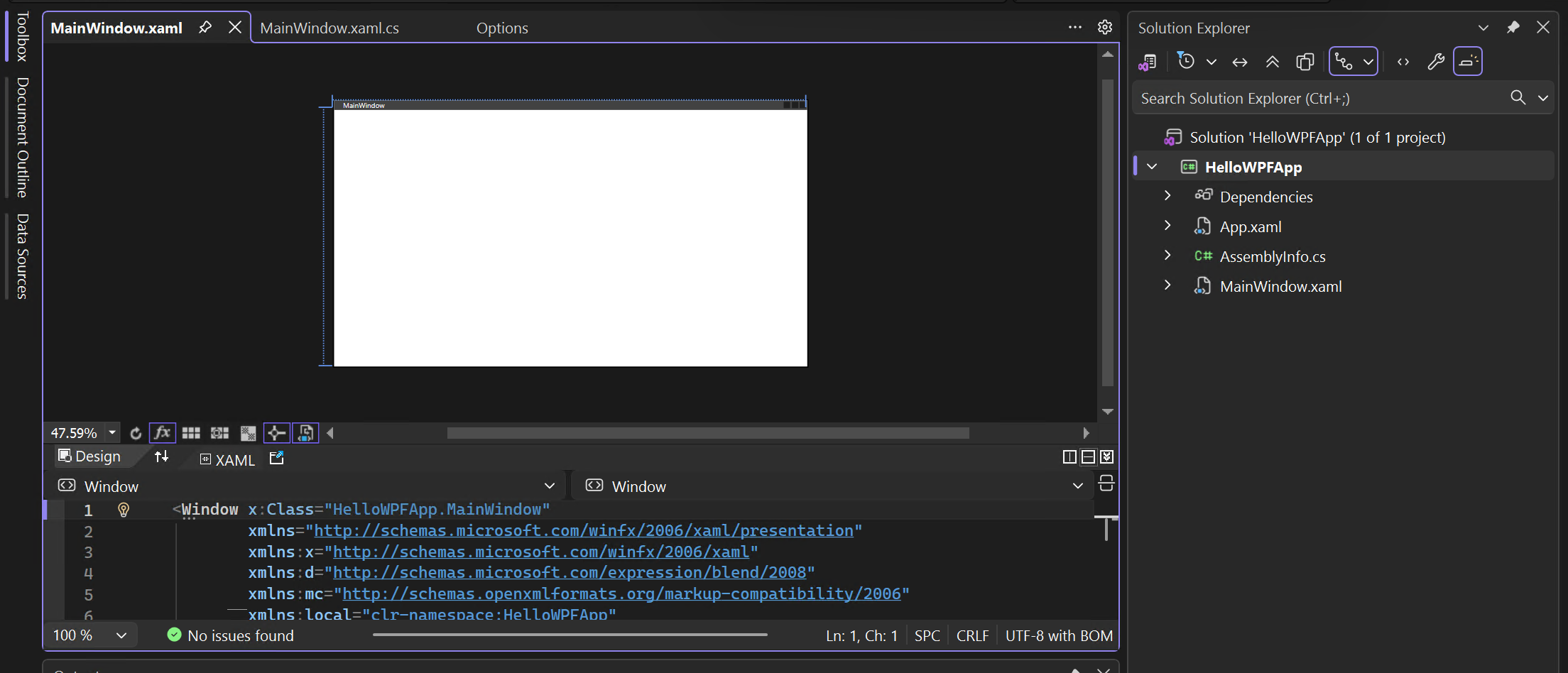 Captura de pantalla del proyecto y de la solución en el Explorador de soluciones, y de las vistas XAML y de diseñador de 