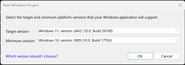 Captura de pantalla del cuadro de diálogo Nuevo proyecto de Windows que muestra la versión de destino predeterminada y la configuración de la versión mínima.