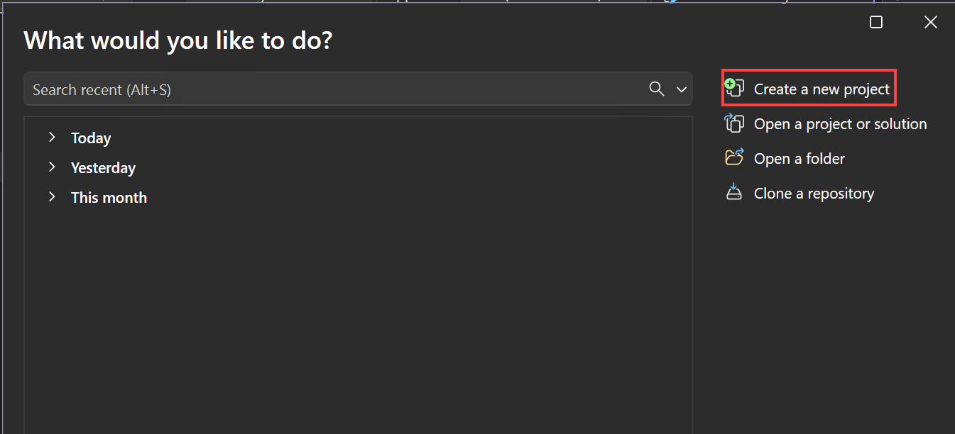 Captura de pantalla de la ventana de inicio en Visual Studio con la opción 