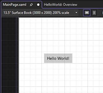 Captura de pantalla que muestra el control botón en el lienzo del Diseñador XAML con la etiqueta del botón cambiada a ¡Hola Mundo!