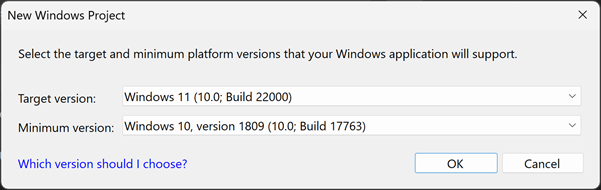 Captura de pantalla del cuadro de diálogo Nuevo proyecto de la Plataforma universal de Windows que muestra la versión de destino predeterminada y la configuración de versión mínima.