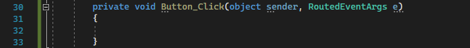 Captura de pantalla que muestra el código de C# para el controlador de eventos de Button_Click predeterminado.