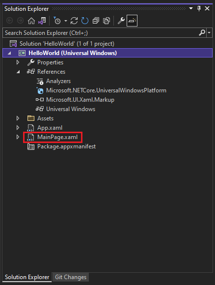 Captura de pantalla de la ventana Explorador de soluciones en la que se muestran las propiedades, las referencias, los recursos y los archivos del proyecto HelloWorld. El archivo MainPage.xaml está seleccionado.
